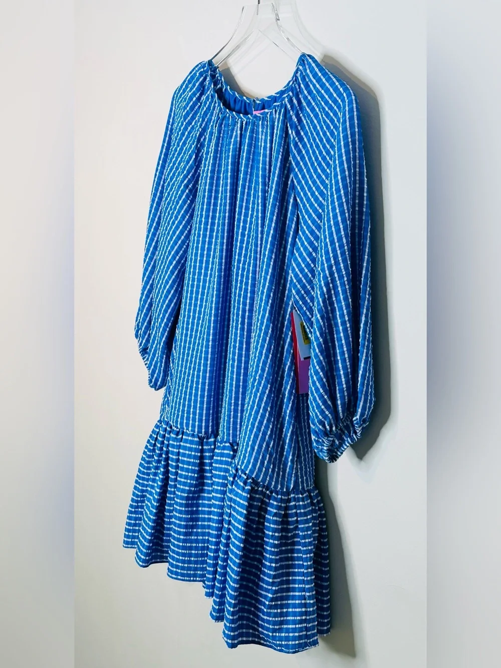 LDT Rachel Ruffle Seersucker Blue White Mini Dress NWT - Picture 6 of 15